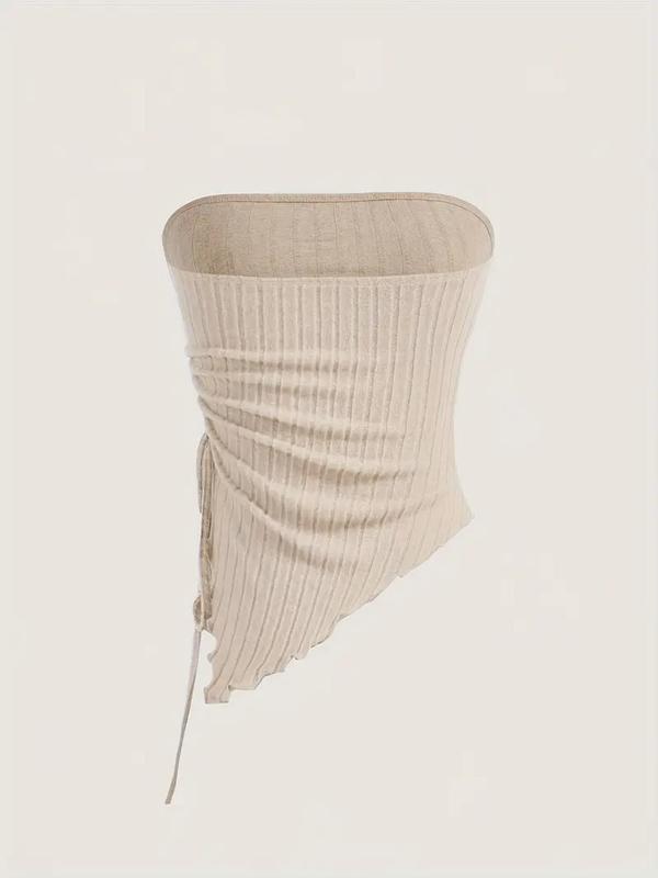 Women's Solid Ruched Backless Crop Tube Top, Casual Drawstring Asymmetrical Hem Sleeveless Top for Summer, Minimalist Women's Clothing for Daily Wear, Casual Fitted Sleeveless