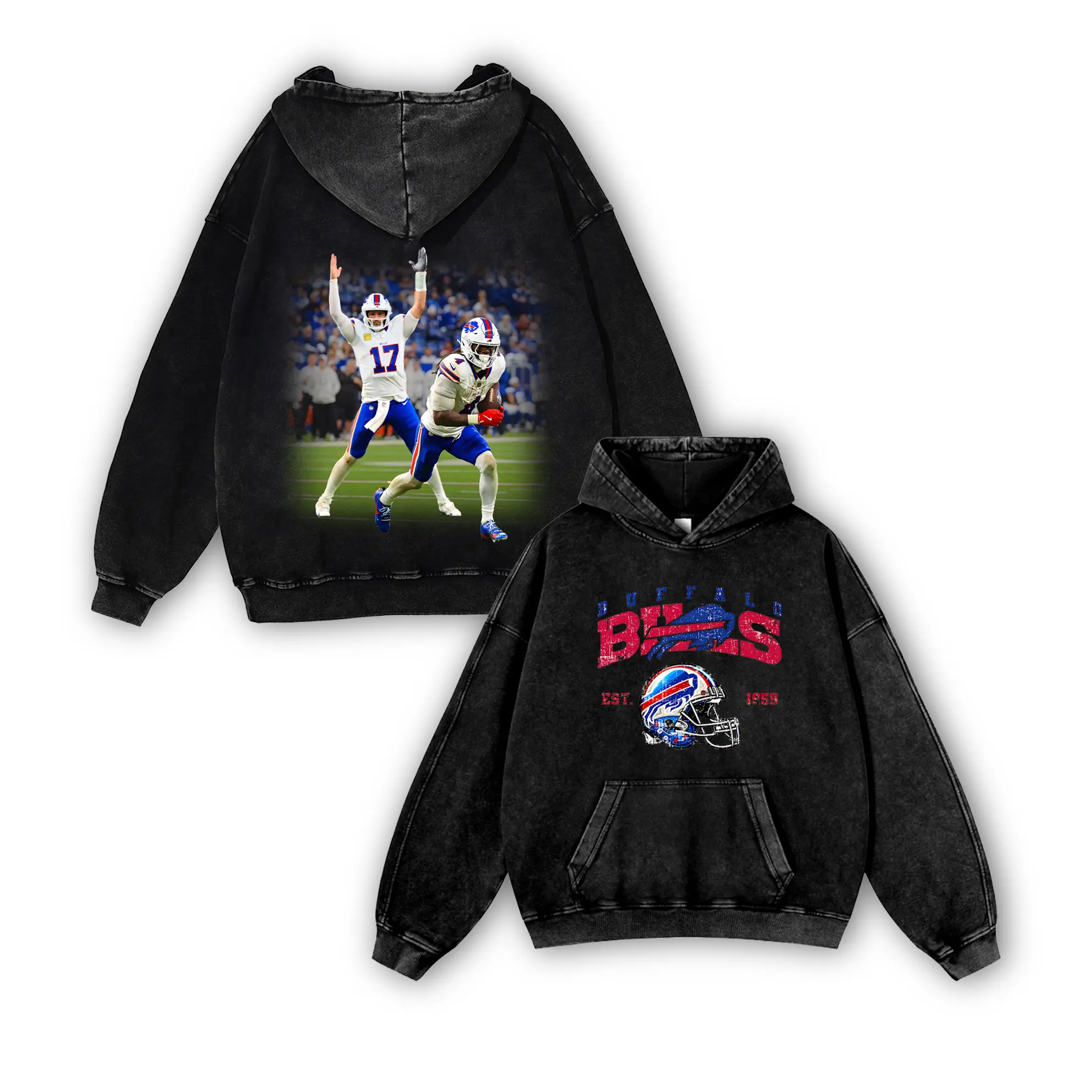 Josh Allen #17 Bills Casual Washed Hoodie | Mafia General QB Gear, Red Blue Fan Pride, Oversized Washed Hurdle King Vibe