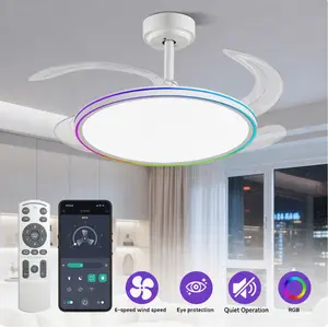 BaySquirrel 42" Modern Smart Ceiling Fan with Lights and Remote , RGB Color Changing Dual Ring, Retractable Blades 6-Speed Reversible DC Motor, APP Control Dimmable Retractable Blades Fan Light for Bedroom Living Room