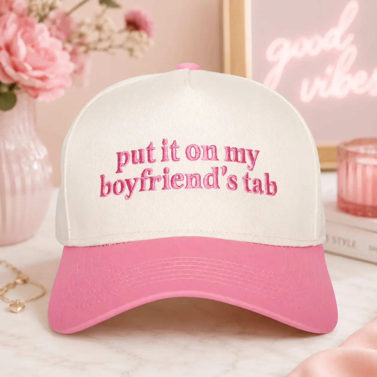Women's "Put It On My Boyfriend's Tab" Two‑Tone Snapback Hat – Vintage 5‑Panel, Breathable Fabric, Adjustable Fit, Funny Slogan Cap for Concerts & Daily Wear America Hat