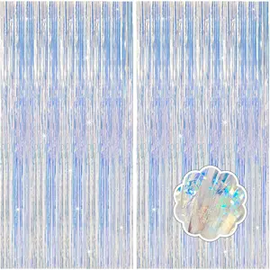 2 Pack Iridescent Party Decorations Foil Fringe Tinsel Backdrop Glitter Curtains Shimmer Wall Backdrop 70s 80s 90s Disco Theme Party Decorations Happy Birthday Easter Graduation Supplies
