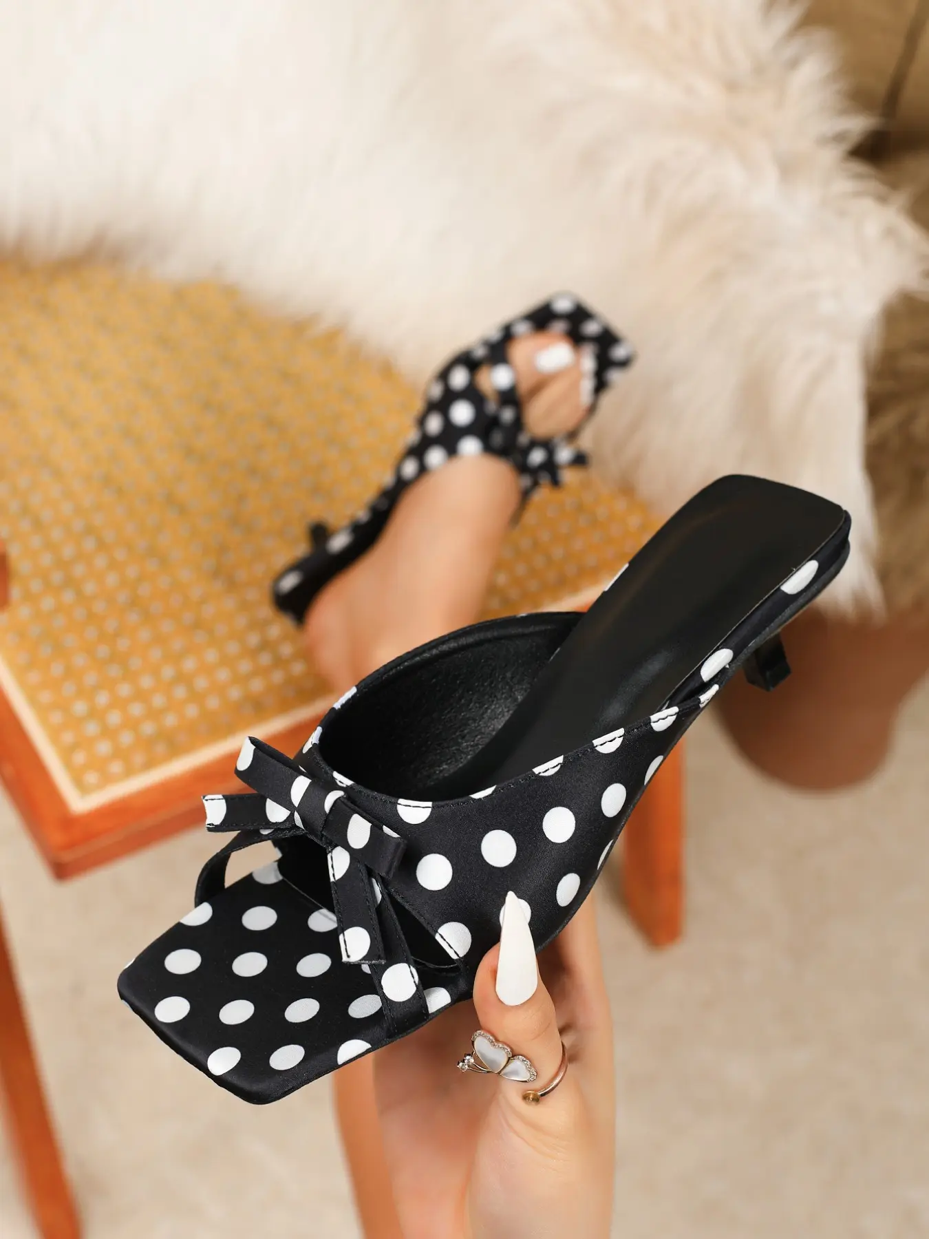 Polka Dot Bow Square Toe Kitten Heels Sandals, Satin Spot Design, Vintage Party Streetwear, Slimming Heightening Anti-Slip Women's Shoes, Elegant Fashionable Sandals, Classy Sandal