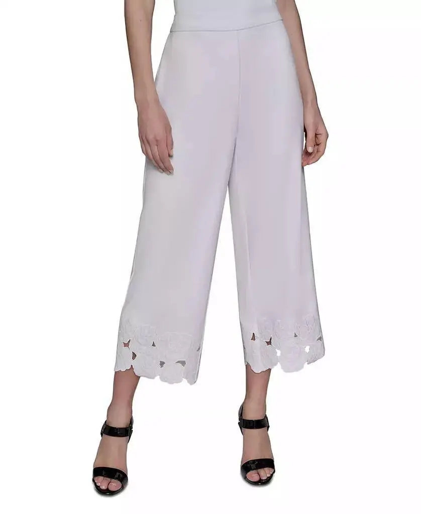 Karl Lagerfeld Paris Women’s Mid-Waist Solid Comfortable Stretch Knit Pull-On Straight Leg Trousers - Smooth Soft White, Floral Hem, Business Casual, Evening Work/Events, Flattering, Size 12, NWT, Everyday, All Seasons