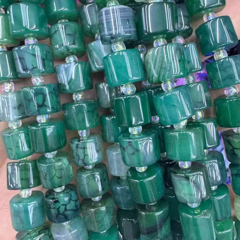 10pcs 9x13mm Natural Green Black Dragon Pattern Round Square Faceted Barrel Natural Stone Beads for Jewelry Making - Popular Bead Accessories with Strong Adaptability, Suited for Vintage & Light Luxury Styles (Note: Inherent Imperfections May Occur), Jewe