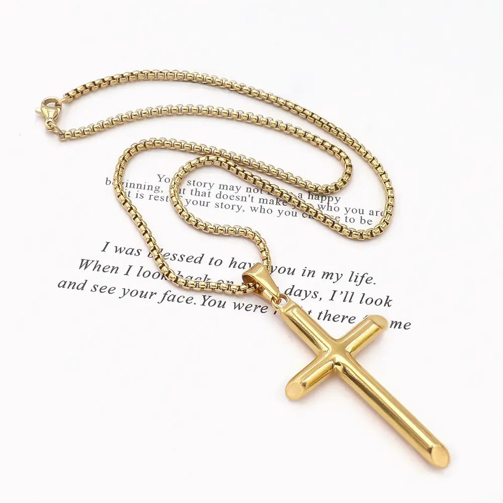Hip Hop Jewelry 18inches and 24 inches Box Chain Necklace Stainless Steel 18K Gold Plated Religious Cross Pendant Necklace for Men Women