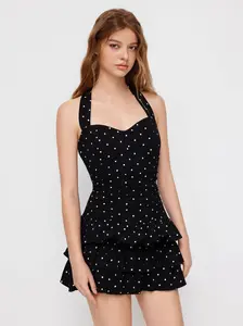 Cotton-blend Halter Neckline Polka Dot Ruched Layered Mini Dress