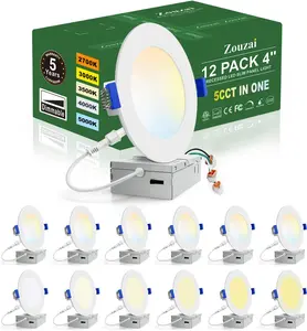 12 Pack 4 Inch 5CCT Ultra-Thin LED Recessed Ceiling Light with Junction Box, 2700K/3000K/3500K/4000K/5000K Selectable, 9W Eqv 80W, Dimmable, led can Lights - ETL and Energy Star Certified