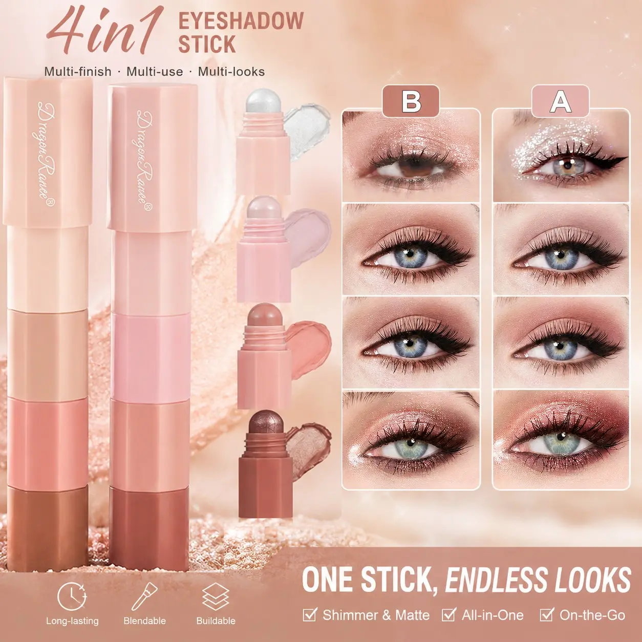 Lazy Waterproof Eyeshadow Pen Four Sections, Matte and Shimmer Dual Textures, Portable Long-Lasting No Smudge, Makeup Essential