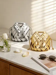 Women's Woven Clutch Bag, Luxurious Evening Bag, Triangle Handle Design, Small Drawstring Handbag, Elegant Stylish Purse, Perfect for Parties, Weddings, Cocktails