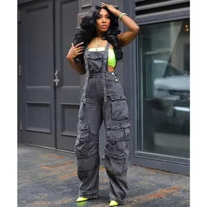 NewWomen's Loose Denim Suspenders Women's Spring Street Stylish Multi-Pocket Jumpsuit