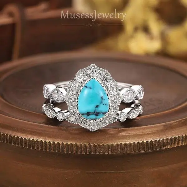 Pear Turquoise Bridal Ring Set, Halo Cluster Open Stackable Design