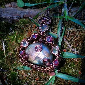 "Aphrodite" - Wire Wrapped Labradorite, Citrine, and Rhodalite Pendant Necklace