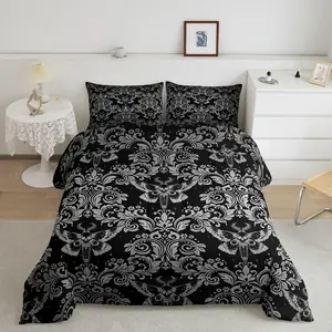 Feelyou Vintage Damask Floral Pattern Comforter Set - Oriental Antique Bedding, Gothic Bohemian Theme Luxury Duvet Set with Skull Design