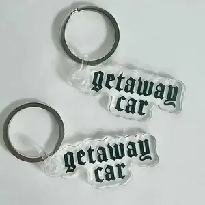 Getaway Car Acrylic Keychain - Decorative Design with Metal Ring, Clear Accents, and "Getaway Car" Text