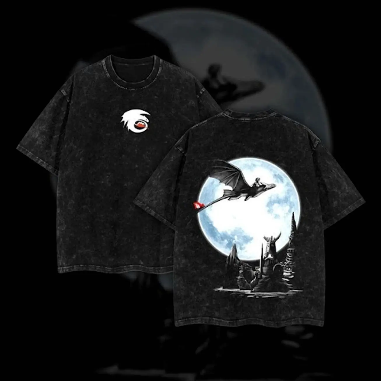 Retro The Night Fury How to Train Your Dragon Oversize Acid Washed Heavyweight Cotton T-shirt How to Train Your Dragon Unisex Short Sleeve Graphic Tee Fury and Toothless Dragon Disneyland Shirts ZLI