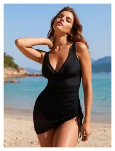 Black Mesh One Piece Swimdress for Women - V Neck Tummy Control Swimsuit with Drawstring; Modest Bathing Suit for Swimming, Beach, Vacation - Sizes 12-22