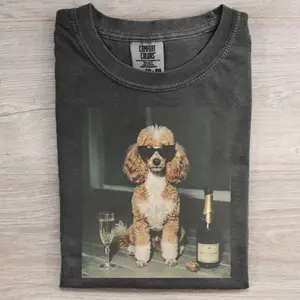 Poodle Drinking Champagne T-Shirt, Funny Poodle Dog Graphic Tee, Champagne Party Shirt, Cute Dog Lover Tee, Pet Mom Gift Shirt, Trendy Animal Lover Shirt