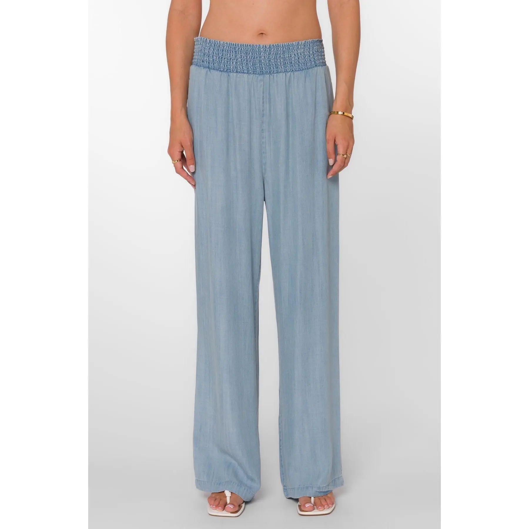 Women's 102 Classic Indigo Tencel Lyocell Morelia Bottom Trousers - Lady's Basic, Smocked Waist, Wide Leg, Casual, Elastic Cuff, Side Pockets, Comfortable Pants