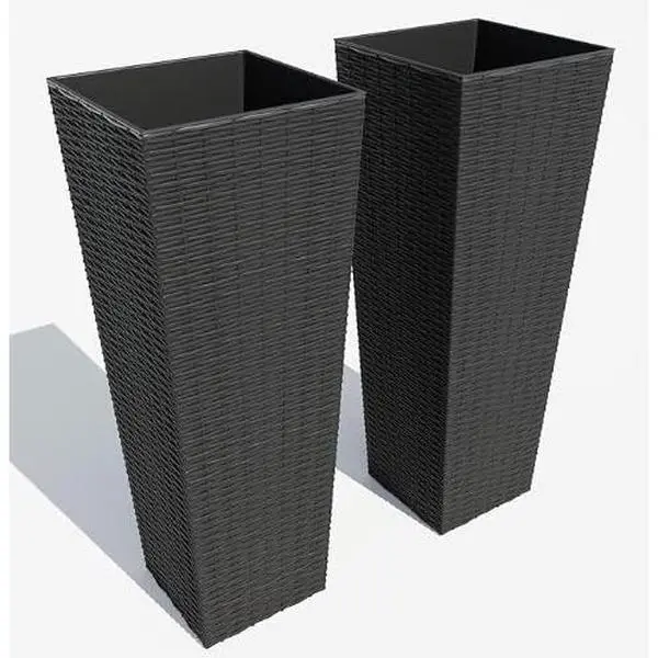 Garvee 2-Pack Rectangular Rattan-Style Large Outdoor Plastic Planters (Under 61cm, Black) - High-Resistance & Durable Synthetic Materials, Lightweight, Practical Lightweight Removable Liner System, Drainage Holes, Tray, Ideal for Terrace Balcony Use, Balc