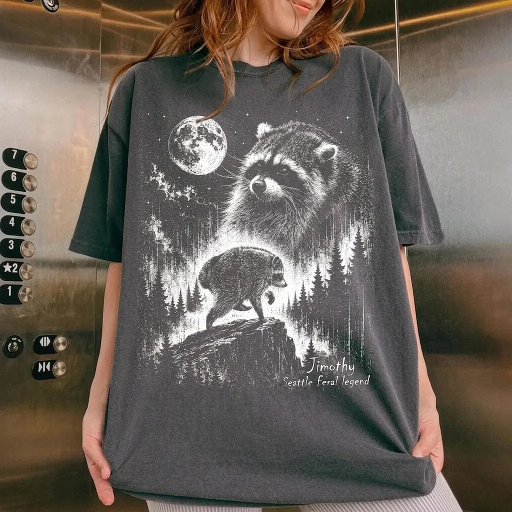 Comfort Colors Vintage Jimothy Raccoon T-Shirt, Seattle Feral Legend Full Moon Tee, Retro 90s Wolf Howling Parody Graphic Shirt, Funny Trash Panda Unisex Top