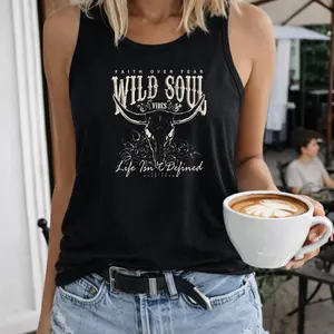 Women's Casual Western Cattle Head Pattern Fitted Slim Tank Top, Summer Back To School White Womenswear