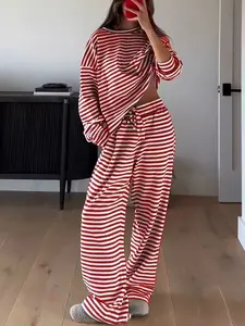 Women's Stripe Two-Piece Set, Casual Stylish Lounge with Round Neck and Long Pants, Ideal for Travel and Vacations, Loungewear