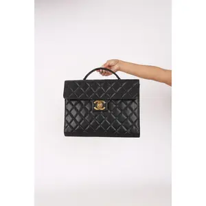 Pre-owned CHANEL Designer Handbag/Wallet Turnlock Top Handle Briefcase Black Caviar 1998 24K GP Drop 30
