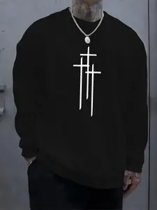 Men's Cross Print Graphic Crew Neck Knitted Sweatshirt, Fitted Regular Fit Casual Long Sleeve Pullover for Daily Wear, Men's Top for All Seasons