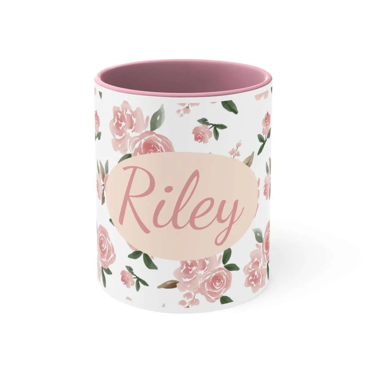 Personalized Roses Ceramic Pink Accent Coffee Mugs, 11oz