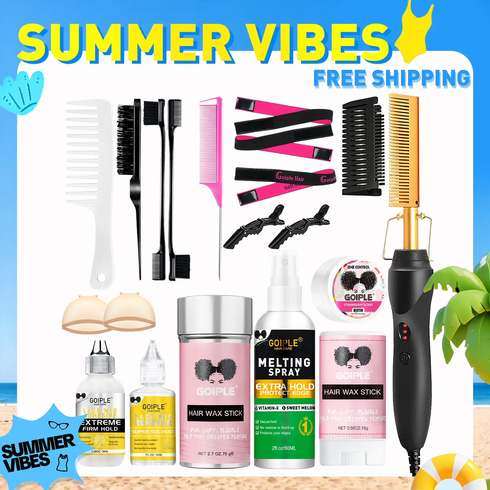 【SUMMER VIBES】Electric Hot Comb Hair Straightener for Natural Hair and Wigs - Curling Iron and Pressing Comb Set with Wax Stick Brush Salon Gift Straightening Cream, Hair Styling Tools, Silky Straight Hair