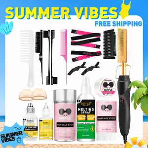 【SUMMER VIBES】Electric Hot Comb Hair Straightener for Natural Hair and Wigs - Curling Iron and Pressing Comb Set with Wax Stick Brush Salon Gift Straightening Cream