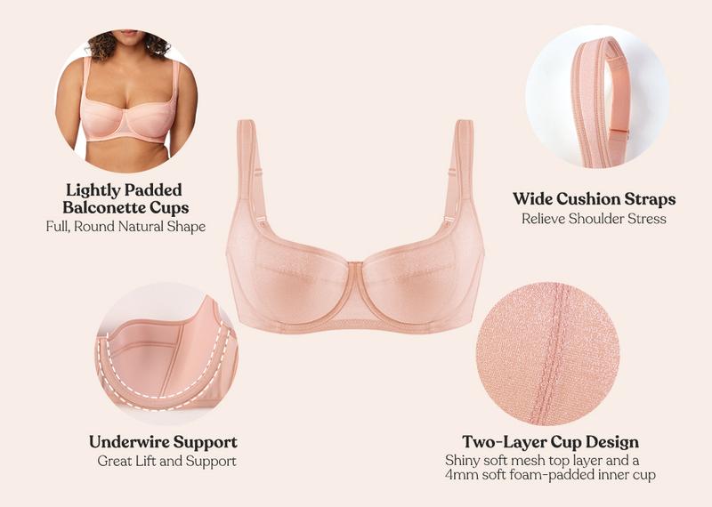 HSIA Starry Night Sexy Demi Bra Plus Size with 4mm Light Padding Underwire Support Smooth Scoop Neck & Shimmering Fabric