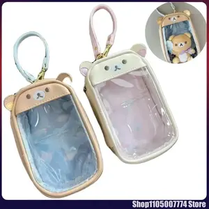 Kawaii Rilakkuma Bear Sister Pendant Storage Bag Children Transparency Pu Coin Purse Key Bag Card Id Holder Small Wallet Gift