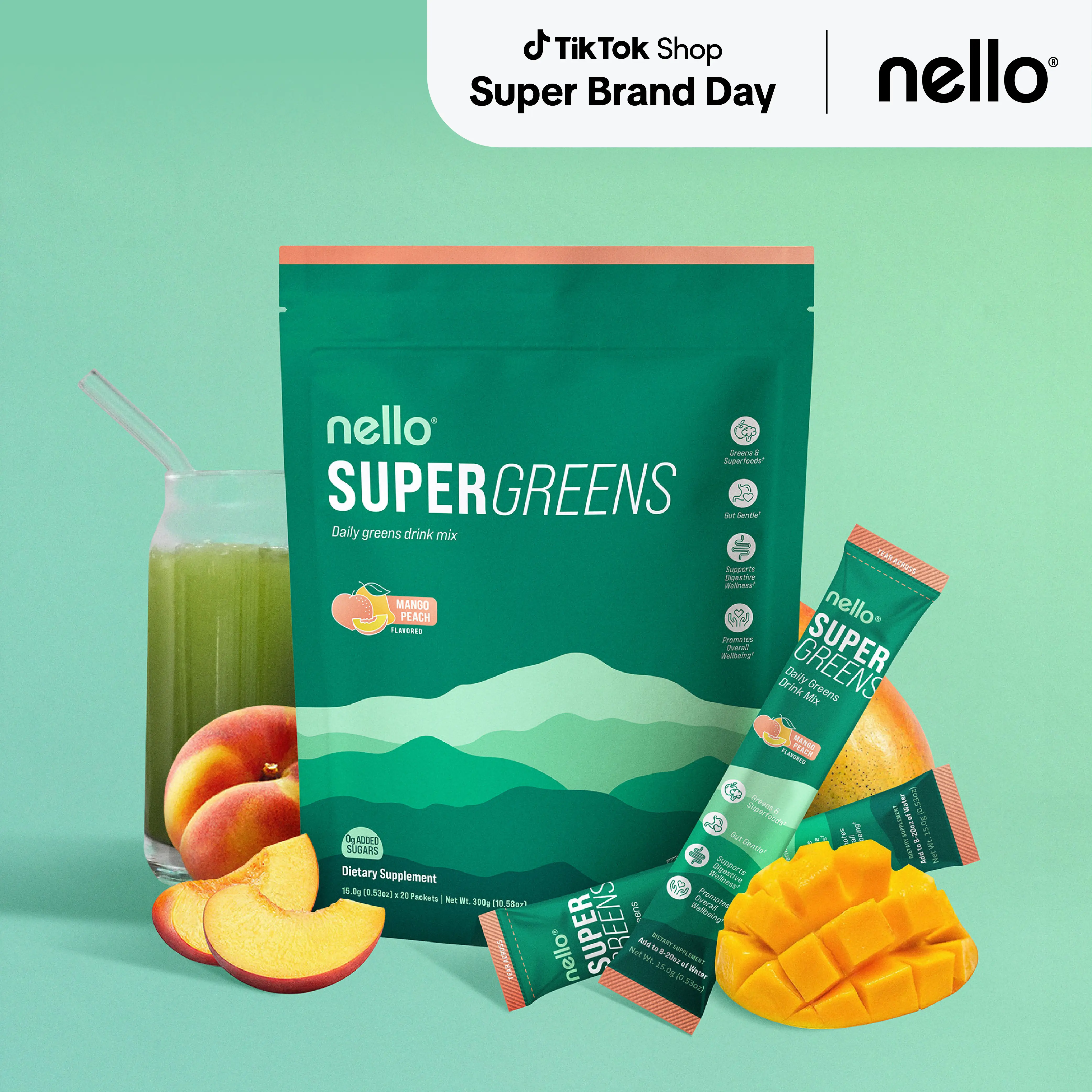Nello Supergreens Premium Superfood Greens Drink Mix w/Chlorella, Moringa, Spinach & Broccoli + Digestive Enzymes & Probiotic Blend -Nutrient-Packed P