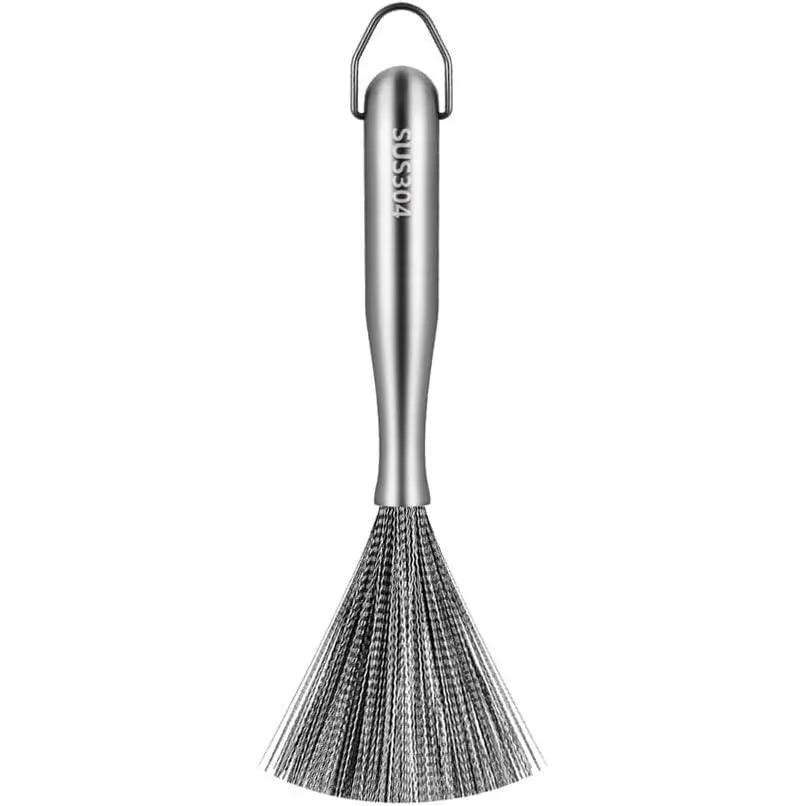 Stainless Steel Dish Brush with Handle, Metal Steel Wool Scrubber for Cast lron, Cookware, Pot, Pan, Grill（1PCS