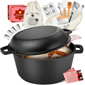 5QT Cast Iron Dutch Oven Bread Baking Kit - Complete Sourdough Supplies Set w/Proofing Basket & Lame