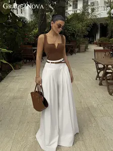 Women's Wide Leg High Waist Casual Loose Fit Long Pants, Womenswear, Spring & Fall Basic Fashion, Comfortable Moderate Fabric, Plain Style Swimwear