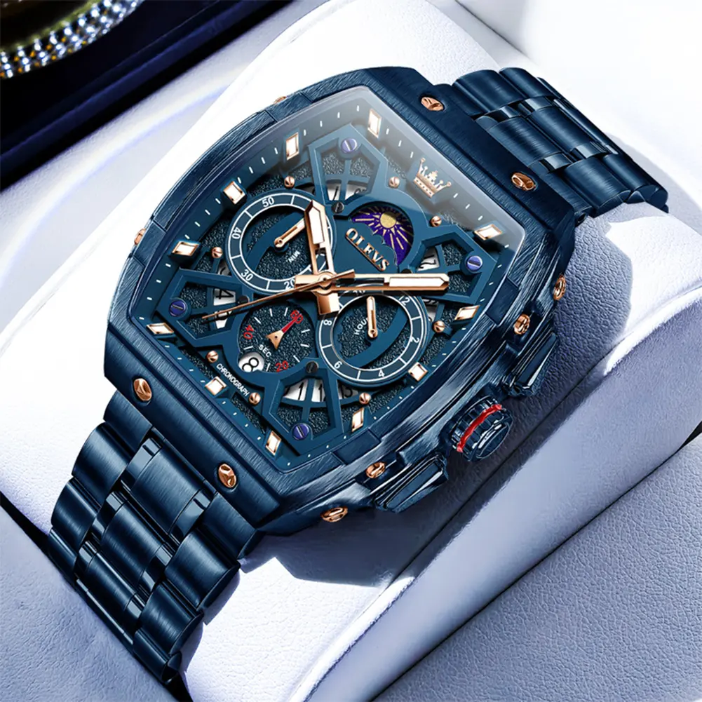 OLEVS Men's Cyberpunk Luxury Business Watch 2942 Quartz Tonneau Barrel Shape Full Blue Stainless Steel Waterproof Luminous Skeleton Hollow Design Multi Dial Chronograph Analog Wristwatch Trendy Casual Sport Male Watch Perfect Birthday Gift with Box