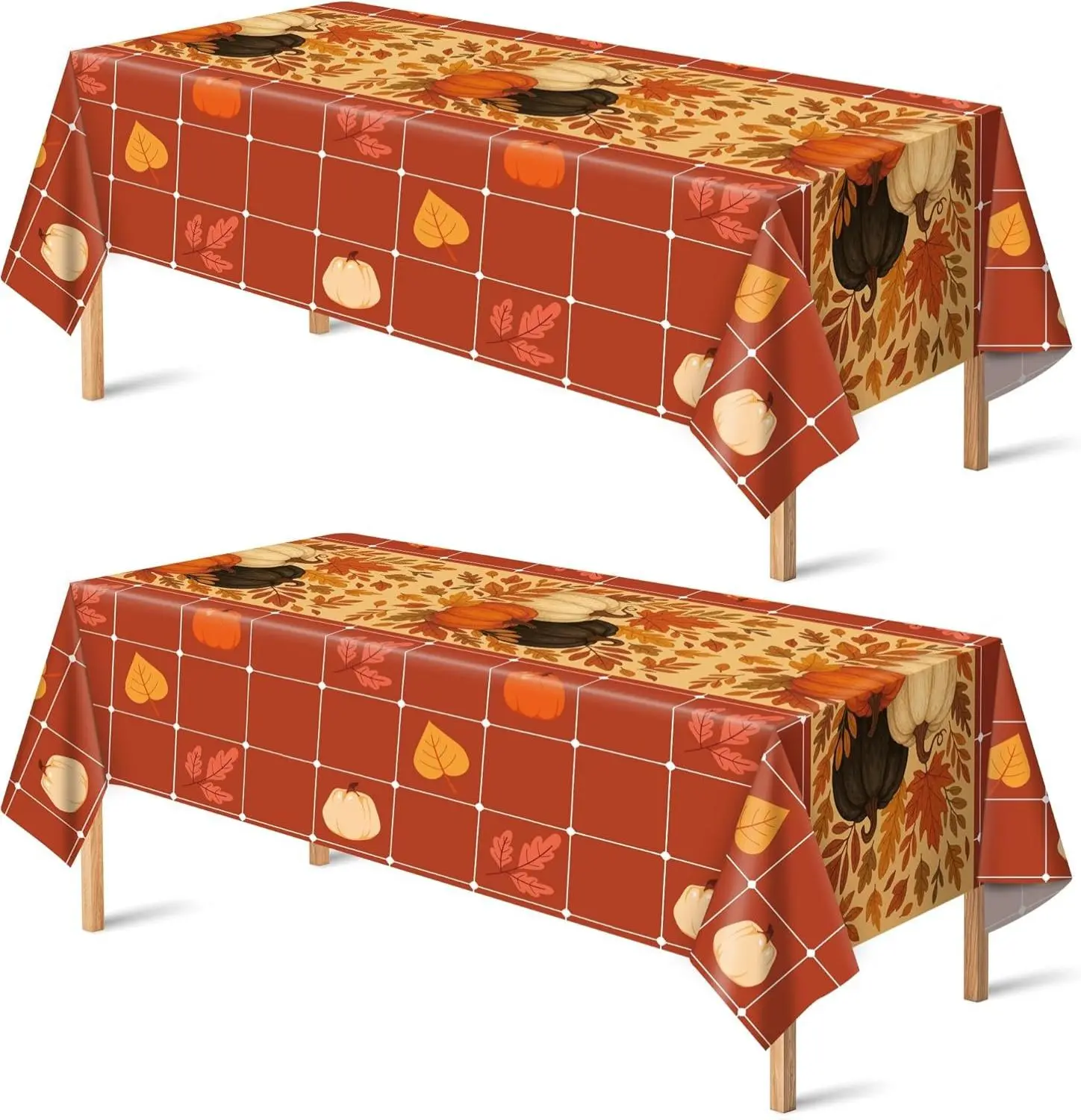 Fall Decorations for Home - 52''x87'' Plastic Disposable Tablecloth with Pumpkin & Leaf Motifs for Autumn Thanksgiving Party Decor, 2 Pack, Indoor & Outdoor Use Kitchen Wall