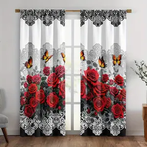 2pcs Rose & Lace Sheer Curtains Rod Pocket, Vintage Luxury Drapes for Bedroom Living Room, Romantic Decor, Contemporary Style