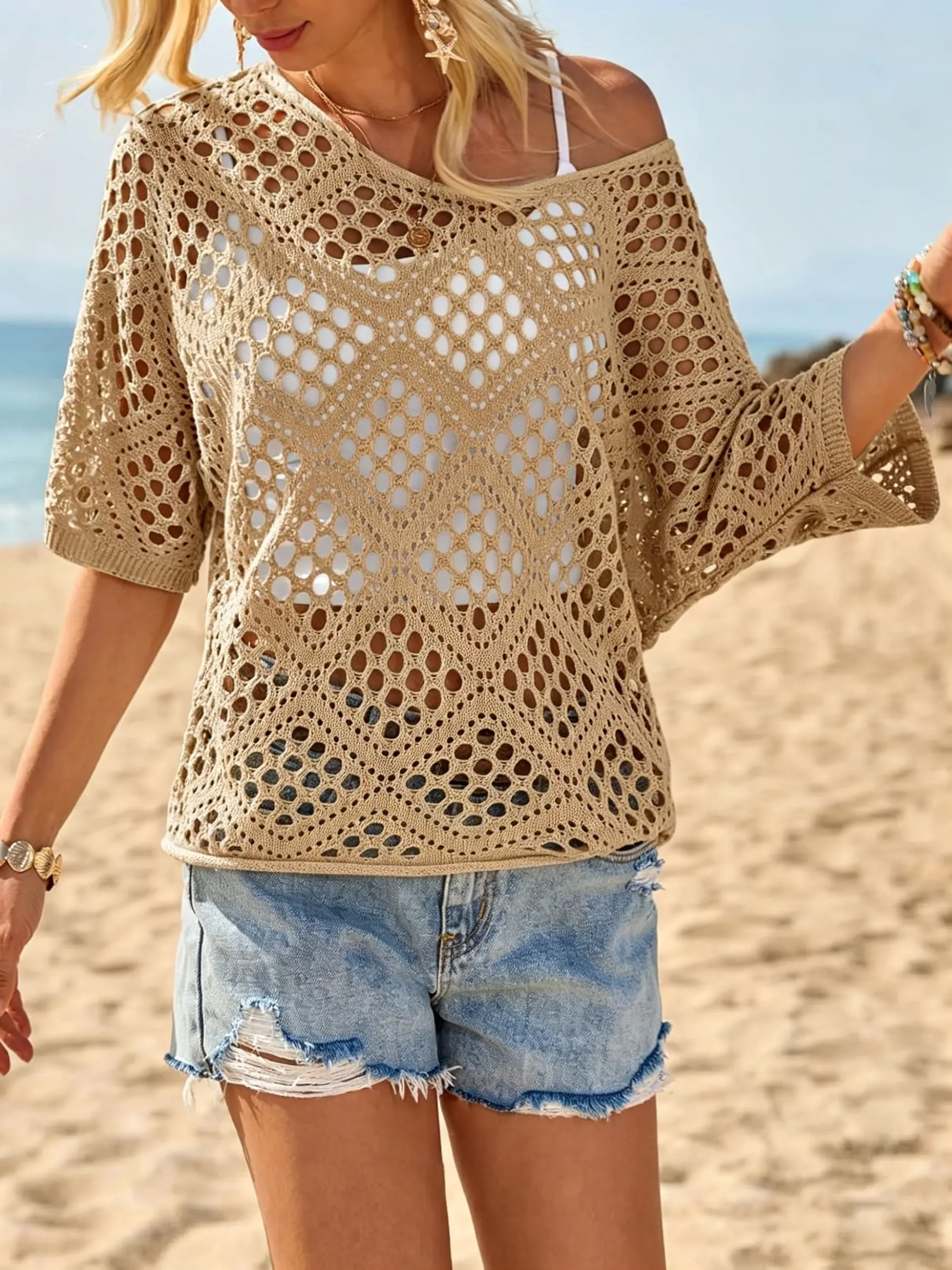 Women's Crochet Knit Beach Cover-Up, Hollow Out Loose Mesh Batwing Top, Sexy See-Through Bikini Swimwear Cover Up