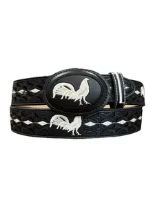 Black Western Style Embroidered Rooster Leather Belt Cinto Negro Vaquero Bordado con Gallo