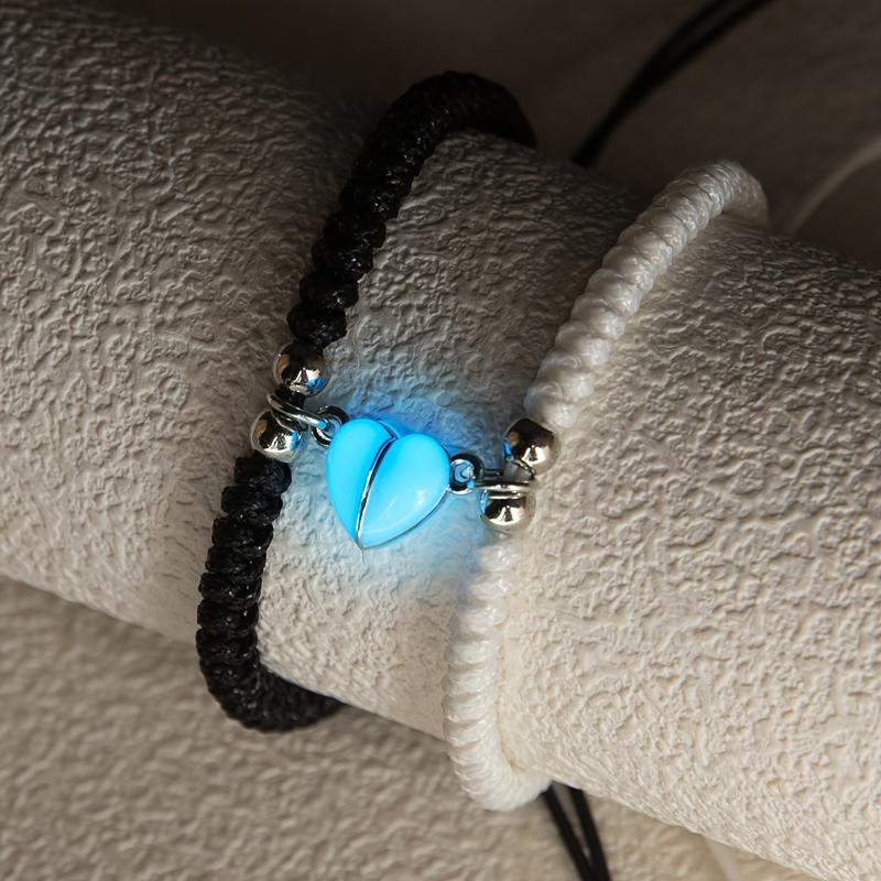Luminous Love Couple Hand Rope Set Adjustable Heart Shaped Bracelet for Men Women Trendy Jewellery Accessories Black White