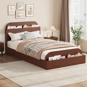Twin Kids Low-Profile Wood Platform Bed Frame - Sturdy Wooden Construction with Wood Slats, Storage Headboard, Storage Footboard, No Box Spring Needed, Full Floor Design, Walnut, Space-Saving, Noise-Free, Customer Service