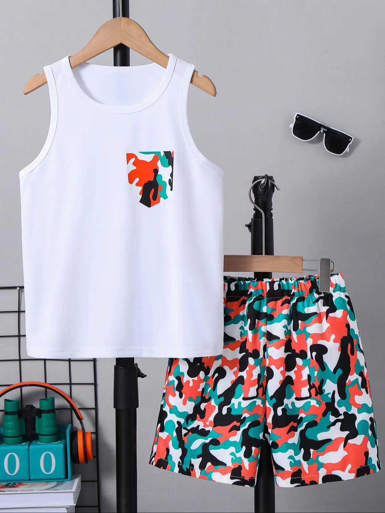 Two-Piece Set Boy's Random Print Tank Top & Camo Print Shorts, Casual Sleeveless Top & Shorts for Summer, Kids Clothes for Daily Wear