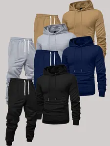 4 sets - Men's casual sports set - Long sleeved hooded sweatshirt and drawstring sweatpants, solid color, polyester, machine washable - Perfect choice for spring/autumn