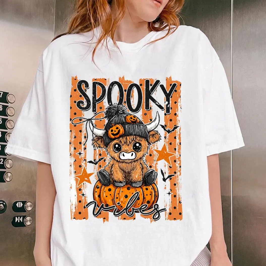 Striped Spooky Highland Cow T- Shirt, Halloween Cow Graphic T-Shirt, Cute Fall T-Shirt, Ghost Highland Cow Tee, Farm Animal Lover Gift