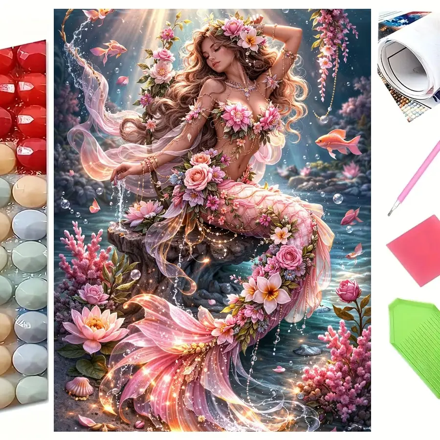 Enchanted Flower Fairy Mermaid in Coral Reef 5D Full Drill Diamond Painting Kit Exotic Design with Shimmering Pink Rose and Golden Accents Magical Marine Art Style Handcraft DIY Wall Decor Ideal Gift For Myth & Craft Enthusiasts Handmade Gifts