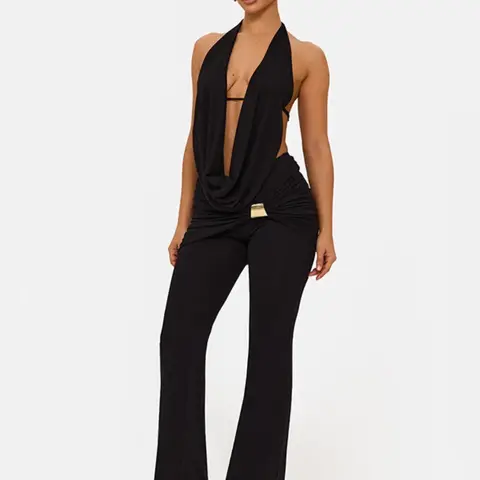 Women's Fashion Style Tie Back Low Neck Backless Halter Top & Metal Detail Flared Pants Set Casual Comfortable Fit Womenswear for All Seasons