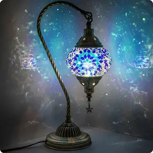 Turkish Moroccan Lamp With Bronze Base 3 Color Options Handmade Swan Neck Mosaic Glass Bedside Lamps For Bedroom (LED Bulb Included)